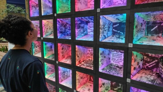 A person looking at a sculpture comprising 30 individual wood boxes each with 4 lino printed panels internally illuminated